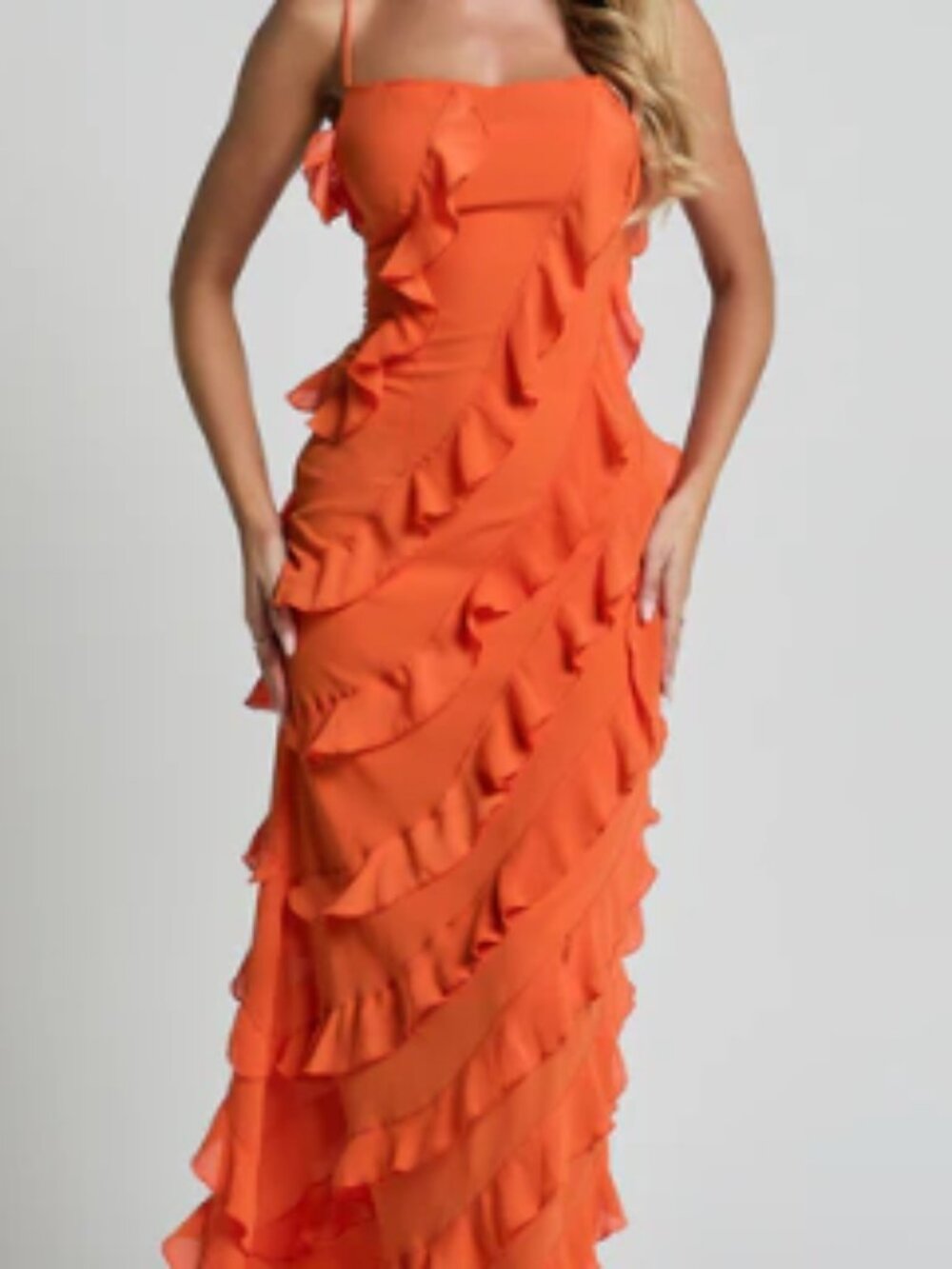Arnie Midi Dress - Strapless Ruffle Detail Slip Dress in Orange